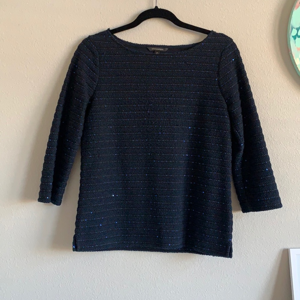 Banana Republic Navy Sequin Stripe Knit Top